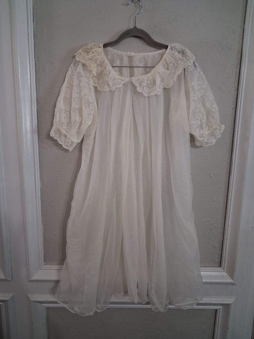 Vintage mcm peignoir double nylon dressing race robe babydoll medium ivory 50s